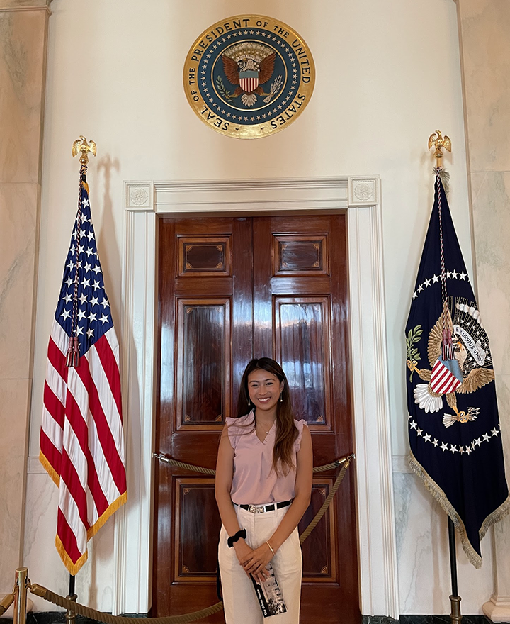 Haley Tran is pictured in D.C. in an interior doorway within The White House.