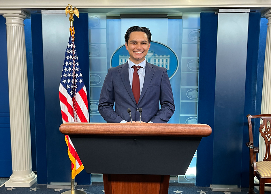 Swink at the White House Press Room Podium, Courtesy of Nicholas Swink